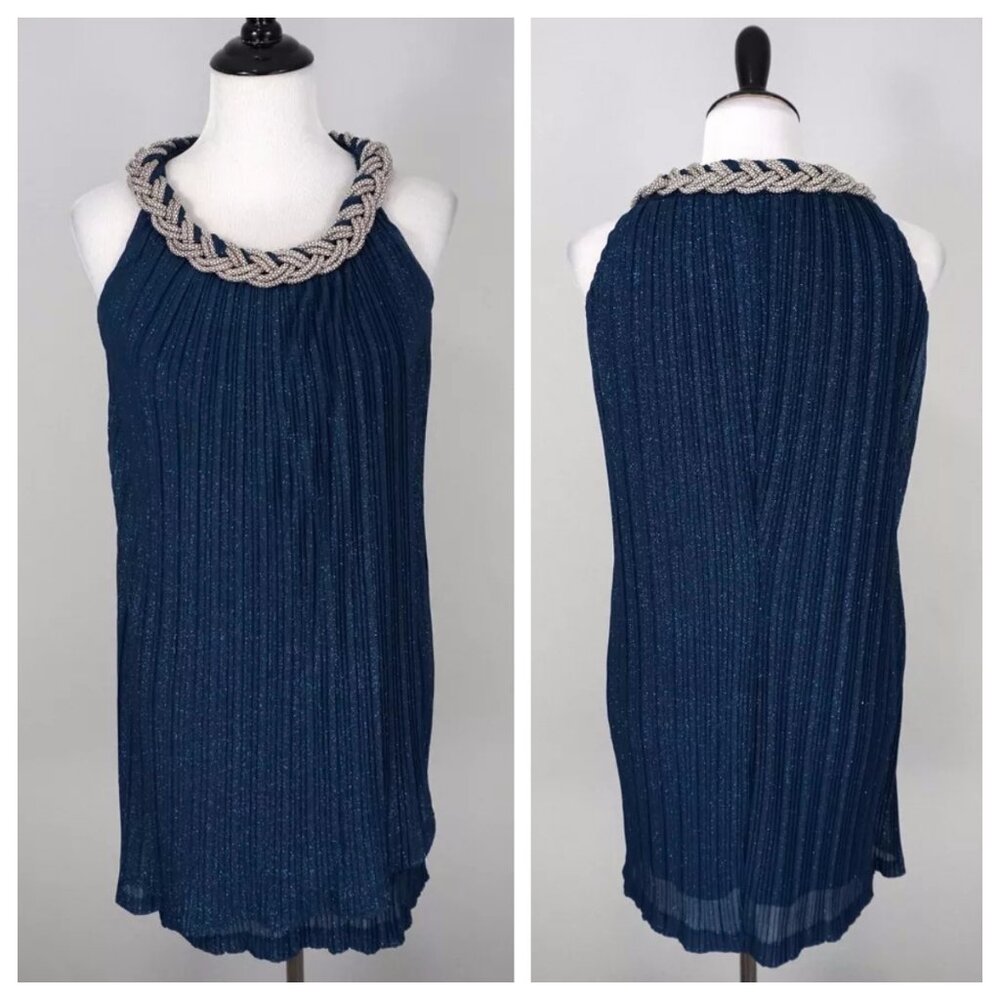 DONNA RICCO Blue Metallic Silver Beaded Pleated Sleeveless Formal Shift Dress 4P